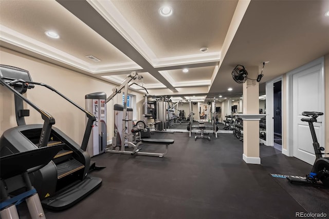 1113 Southbury Pl, Highlands Ranch, CO 80129 - workout area featuring recessed lighting, baseboards, coffered ceiling, and beam ceiling