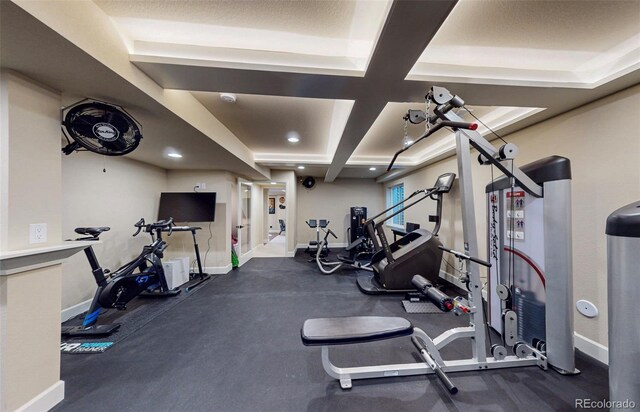 1113 Southbury Pl, Highlands Ranch, CO 80129 - workout area featuring baseboards, coffered ceiling, beamed ceiling, and recessed lighting