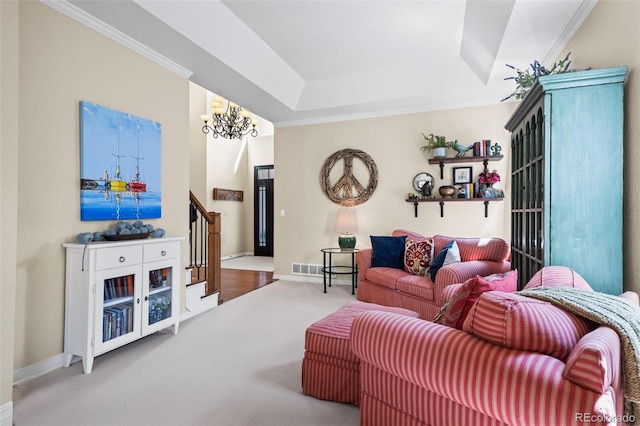 1113 Southbury Pl, Highlands Ranch, CO 80129 - living room featuring a chandelier, carpet flooring, a tray ceiling, stairs, and baseboards