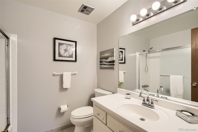 full bathroom with tile patterned floors, an enclosed shower, toilet, vanity, and visible vents