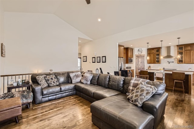 living area with high vaulted ceiling and dark wood-style flooring