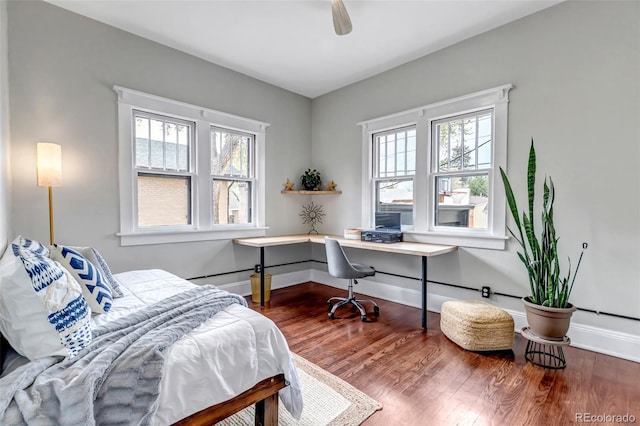 1399 Newton St, Denver, CO 80204 - bedroom featuring multiple windows, wood finished floors, baseboards, and a ceiling fan
