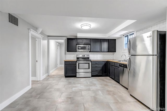 1399 Newton St, Denver, CO 80204 - kitchen with stainless steel appliances, a sink, backsplash, baseboards, and butcher block counters