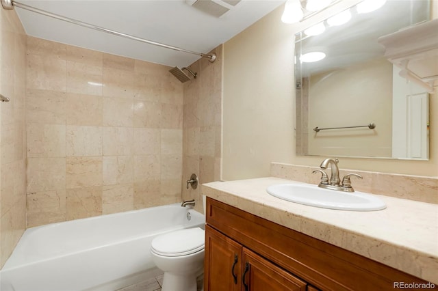 full bath featuring vanity, toilet, visible vents, and bathtub / shower combination