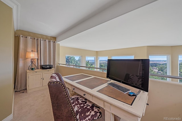 office area with a healthy amount of sunlight and light colored carpet