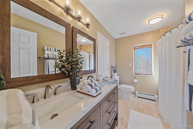 full bath with visible vents, toilet, a baseboard radiator, tile patterned flooring, and vanity