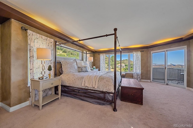 bedroom featuring access to exterior and light carpet