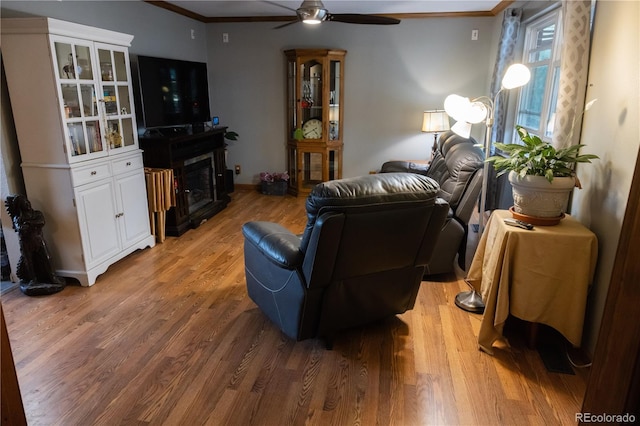11861 Claude Way, Northglenn, CO 80233 - living room with a ceiling fan, ornamental molding, light wood-style floors, and a glass covered fireplace