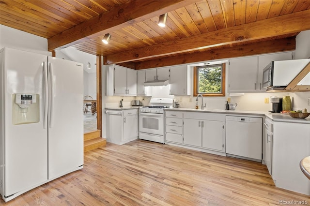 173 Silver Cloud Ln, Boulder, CO 80302 - kitchen with white appliances, under cabinet range hood, light wood-style flooring, light countertops, and a wooden ceiling with exposed beams