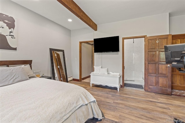 173 Silver Cloud Ln, Boulder, CO 80302 - bedroom featuring beamed ceiling, light wood-style floors, a baseboard heating unit, recessed lighting, and ensuite bath