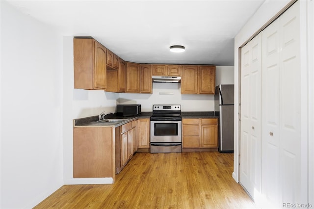 8651 Franklin St, Denver, CO 80229 - kitchen with a sink, under cabinet range hood, brown cabinetry, light wood finished floors, and stainless steel appliances