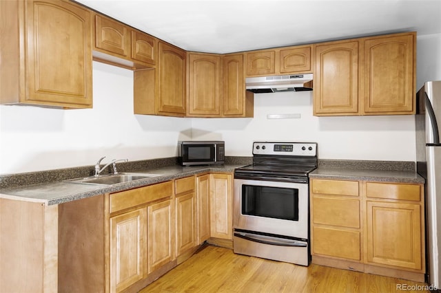 8651 Franklin St, Denver, CO 80229 - kitchen with light wood-style floors, appliances with stainless steel finishes, under cabinet range hood, dark countertops, and a sink