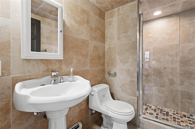 5859 E Ida Pl, Greenwood Village, CO 80111 - bathroom featuring a baseboard radiator, tile walls, toilet, and a shower stall