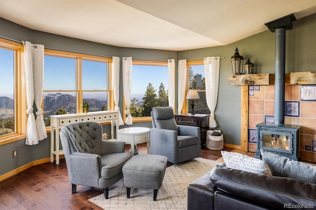 living room with a wood stove, a mountain view, plenty of natural light, and dark wood-type flooring