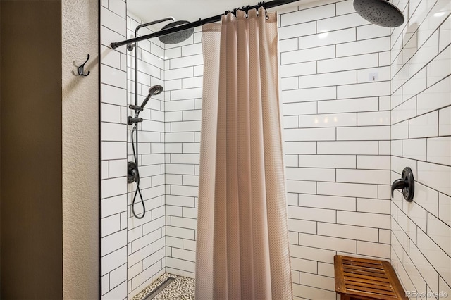 bathroom with curtained shower