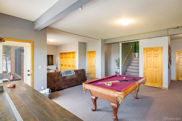 rec room featuring carpet flooring, beam ceiling, and billiards