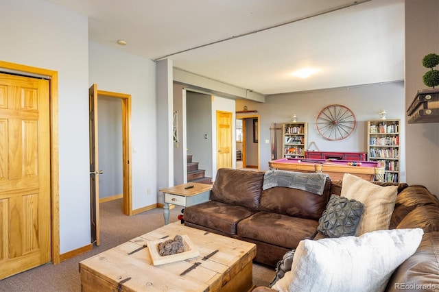 living room with carpet floors and pool table