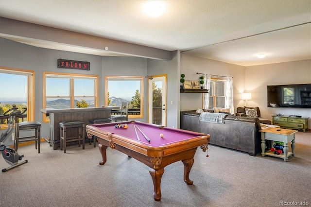 game room featuring a mountain view, carpet floors, and billiards