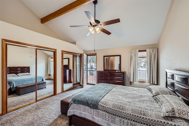 carpeted bedroom featuring ceiling fan, beam ceiling, high vaulted ceiling, and multiple closets