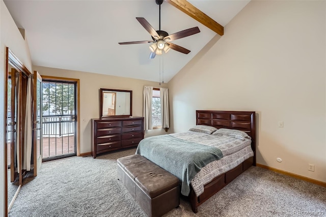 bedroom featuring high vaulted ceiling, carpet flooring, access to exterior, ceiling fan, and beam ceiling