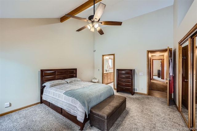 bedroom with ceiling fan, carpet flooring, beam ceiling, and high vaulted ceiling