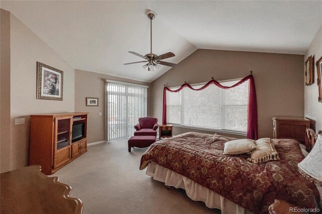 1430 Bluefield Ave, Longmont, CO 80504 - bedroom with lofted ceiling, a ceiling fan, carpet floors, and access to exterior