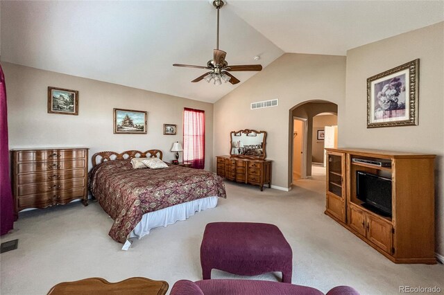 1430 Bluefield Ave, Longmont, CO 80504 - bedroom with arched walkways, visible vents, light colored carpet, a ceiling fan, and high vaulted ceiling
