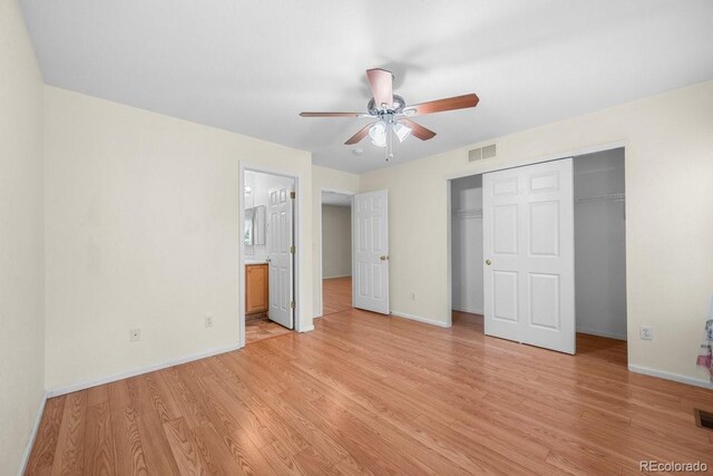 426 Plowman Way, Fort Collins, CO 80526 - unfurnished bedroom featuring light wood finished floors, a closet, ensuite bath, and ceiling fan