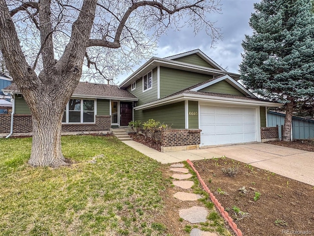 6640 S Heritage Pl W, Centennial, CO 80111 - split level home with concrete driveway, a front yard, brick siding, a garage, and a shingled roof