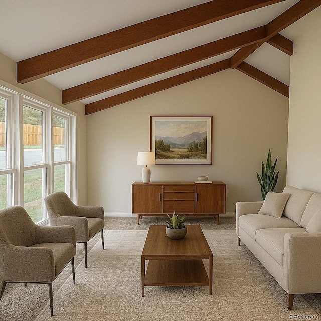 6640 S Heritage Pl W, Centennial, CO 80111 - living area with baseboards, vaulted ceiling with beams, and light carpet