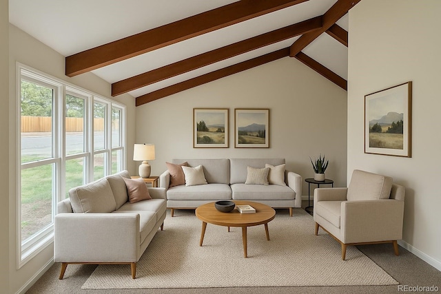 6640 S Heritage Pl W, Centennial, CO 80111 - living room featuring baseboards, vaulted ceiling with beams, and carpet floors