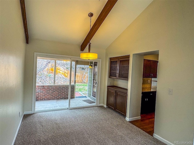 6640 S Heritage Pl W, Centennial, CO 80111 - interior space with dark carpet, baseboards, and vaulted ceiling with beams