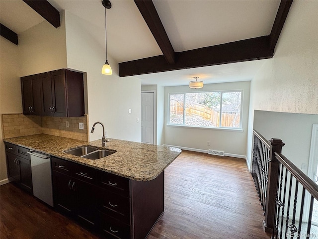 6640 S Heritage Pl W, Centennial, CO 80111 - kitchen with visible vents, a sink, backsplash, stainless steel dishwasher, and light stone counters