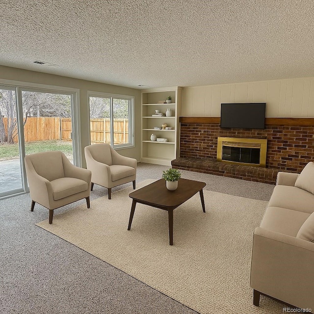 6640 S Heritage Pl W, Centennial, CO 80111 - carpeted living room featuring a textured ceiling, visible vents, and a brick fireplace