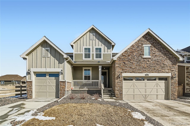 craftsman-style house featuring driveway, covered porch, a garage, and board and batten siding