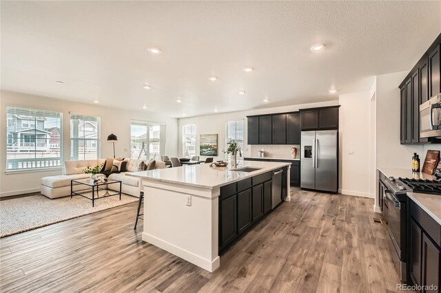 kitchen with light countertops, appliances with stainless steel finishes, open floor plan, a kitchen island with sink, and a sink