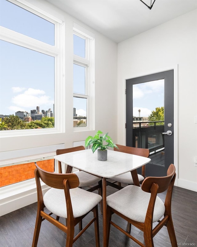 dining room featuring dark wood-style floors, a wealth of natural light, and baseboards