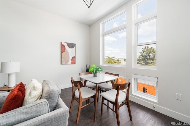 dining room featuring dark wood-style flooring and baseboards