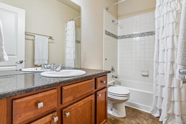 full bathroom with toilet, shower / bath combination with curtain, tile patterned floors, and vanity
