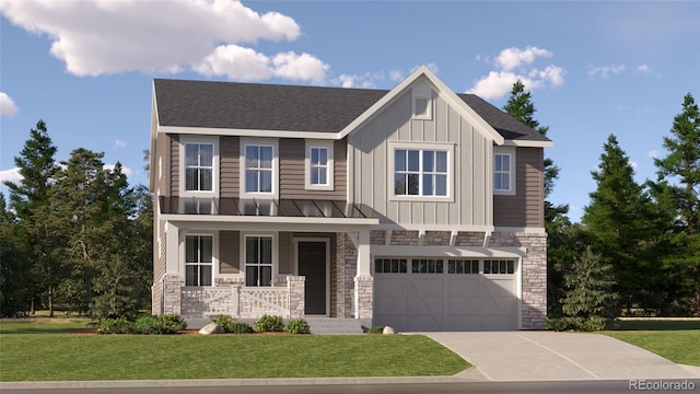 craftsman-style house featuring a front yard, a porch, and a garage