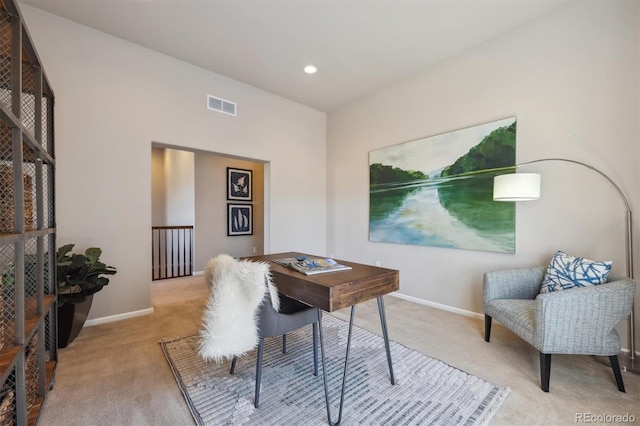 carpeted home office with recessed lighting, visible vents, and baseboards