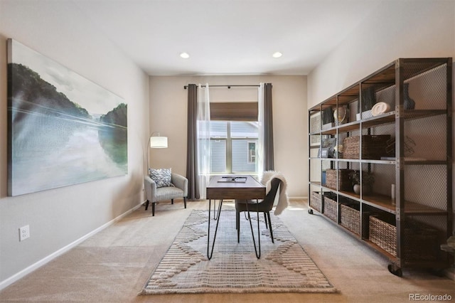 carpeted home office featuring recessed lighting and baseboards