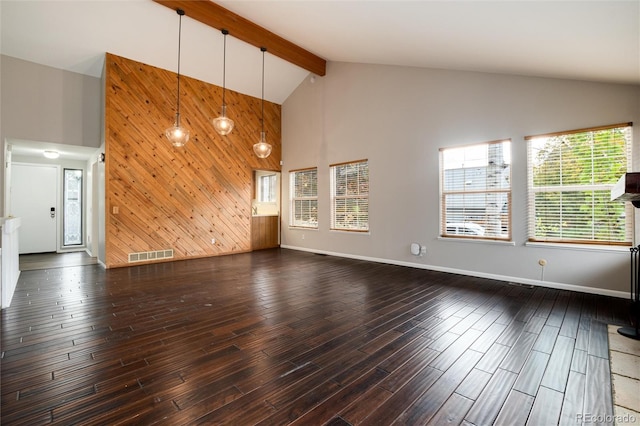 unfurnished living room with dark hardwood / wood-style flooring, beamed ceiling, wooden walls, and high vaulted ceiling