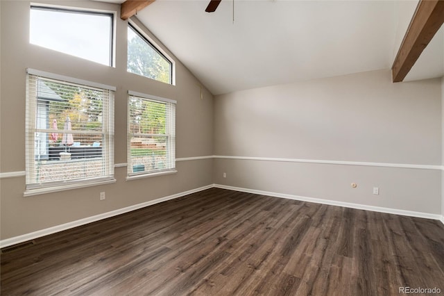 unfurnished room featuring dark wood-type flooring, beamed ceiling, high vaulted ceiling, and ceiling fan