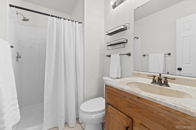 bathroom featuring vanity, tile patterned floors, toilet, and walk in shower