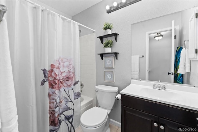 full bathroom with shower / bath combination with curtain, vanity, and toilet