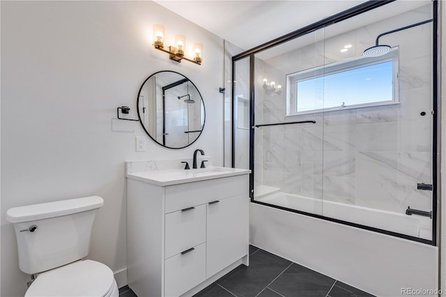 full bathroom with enclosed tub / shower combo, vanity, toilet, and tile patterned floors