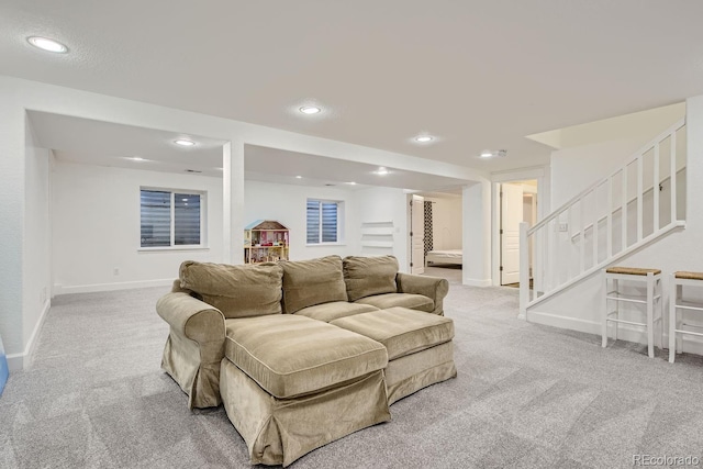 living room with light colored carpet