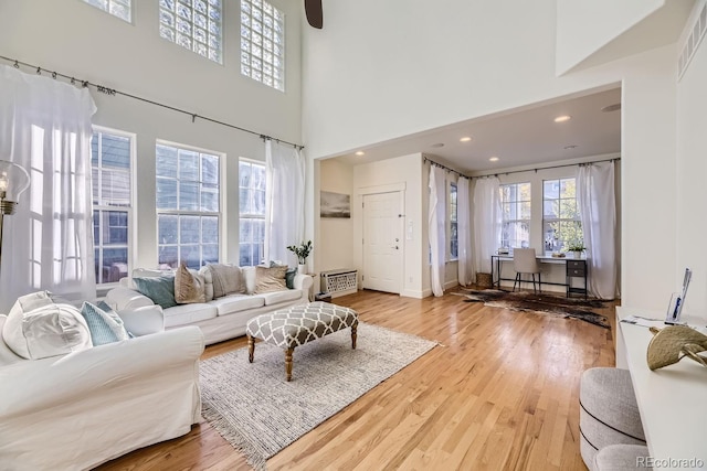 living room featuring hardwood / wood-style flooring and a high ceiling