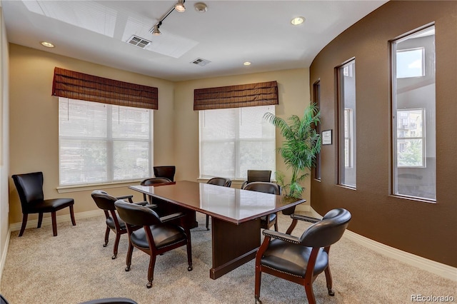 9039 E Panorama Cir Unit C201, Englewood, CO 80112 - dining room featuring rail lighting, light colored carpet, and a desk